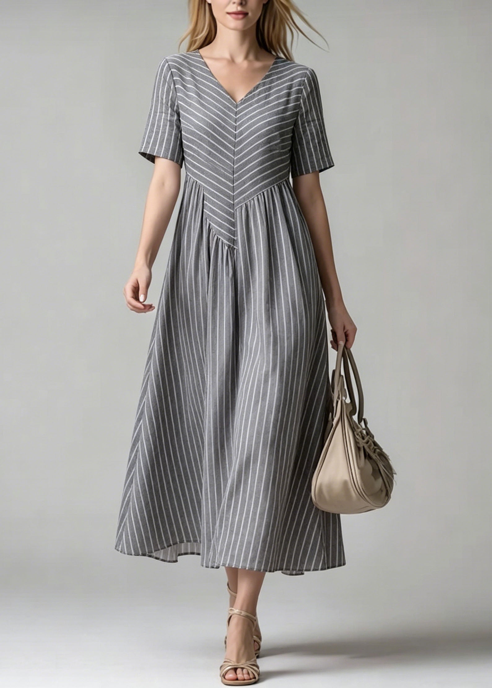 Women V Neck Striped Patchwork Cotton Dress Summer