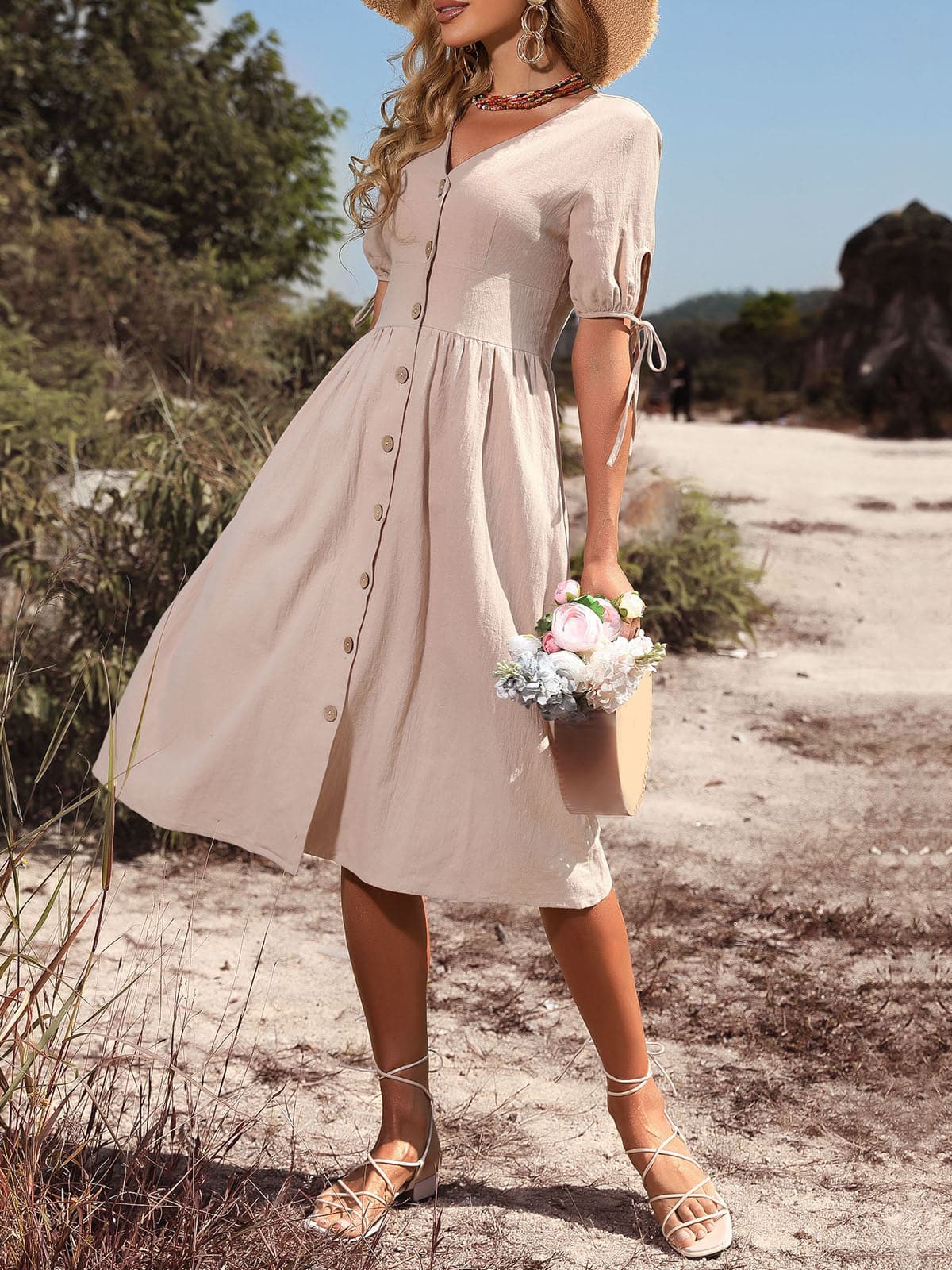 Women Vintage Holiday V Neck Buttons High Waist ALine Casual Dress