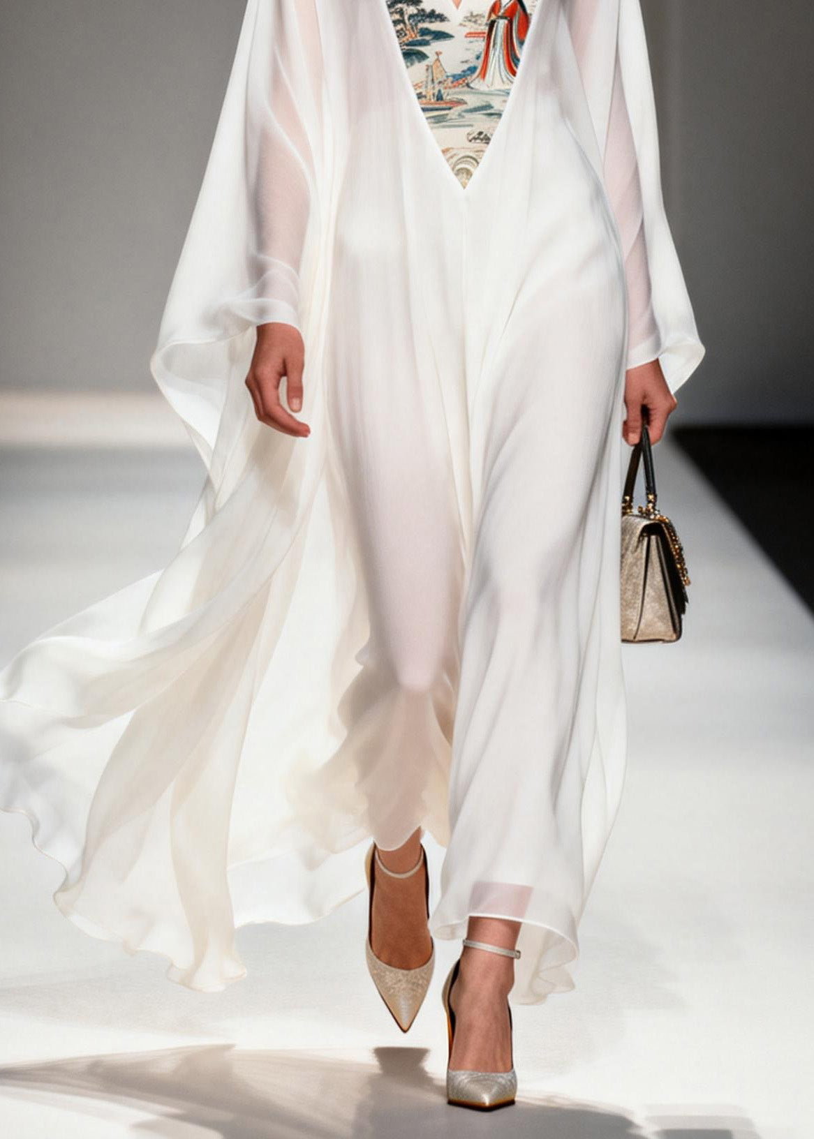 Women White V Neck Print Patchwork Chiffon Dresses Spring