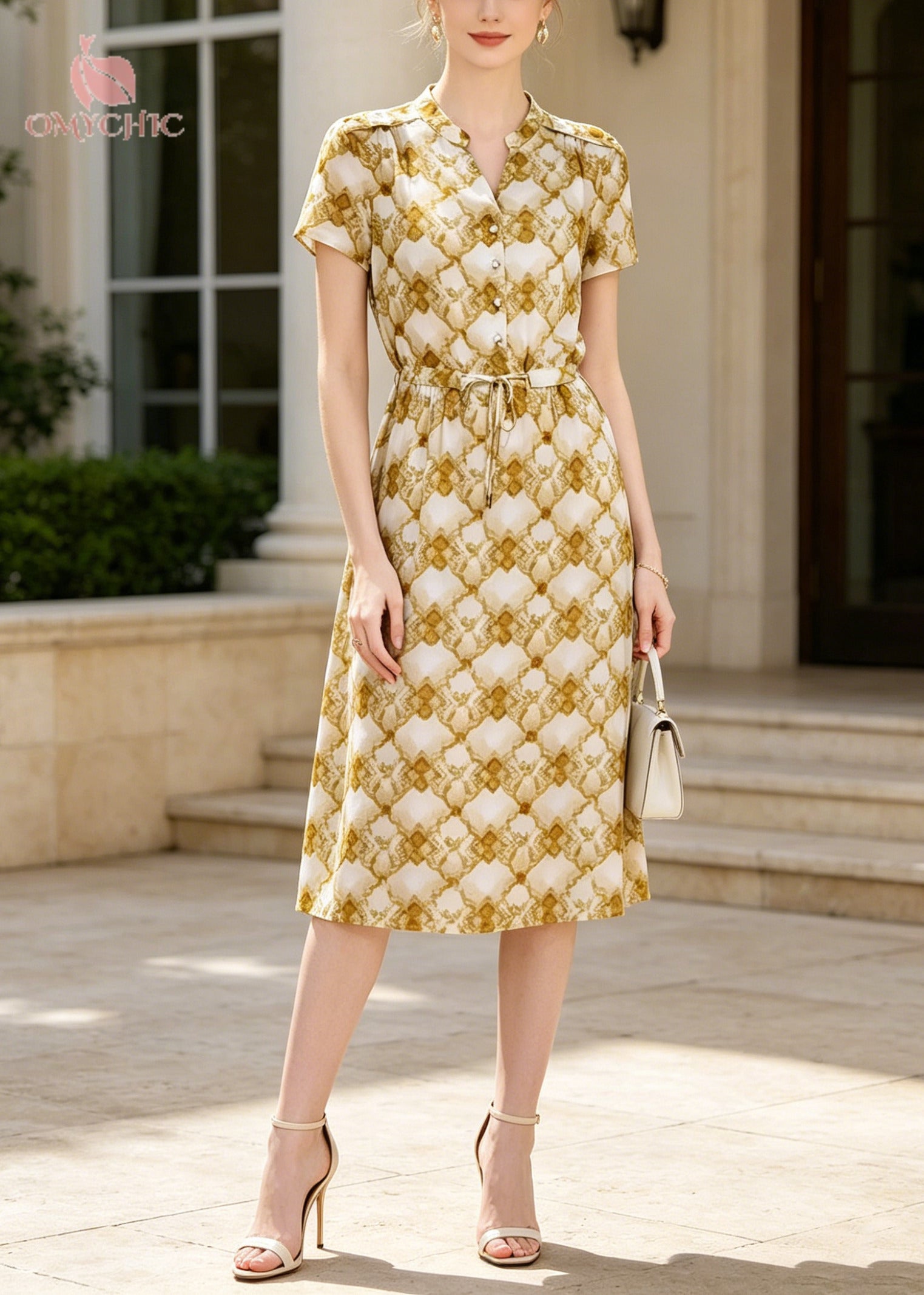 Women Yellow Cinched Print Silk Dress Summer