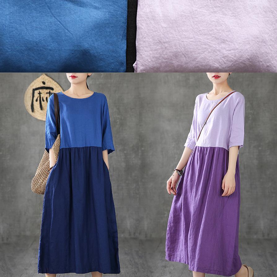 Women Patchwork Half Sleeve Linen Dresses Fashion Ideas Blue Dress Summer