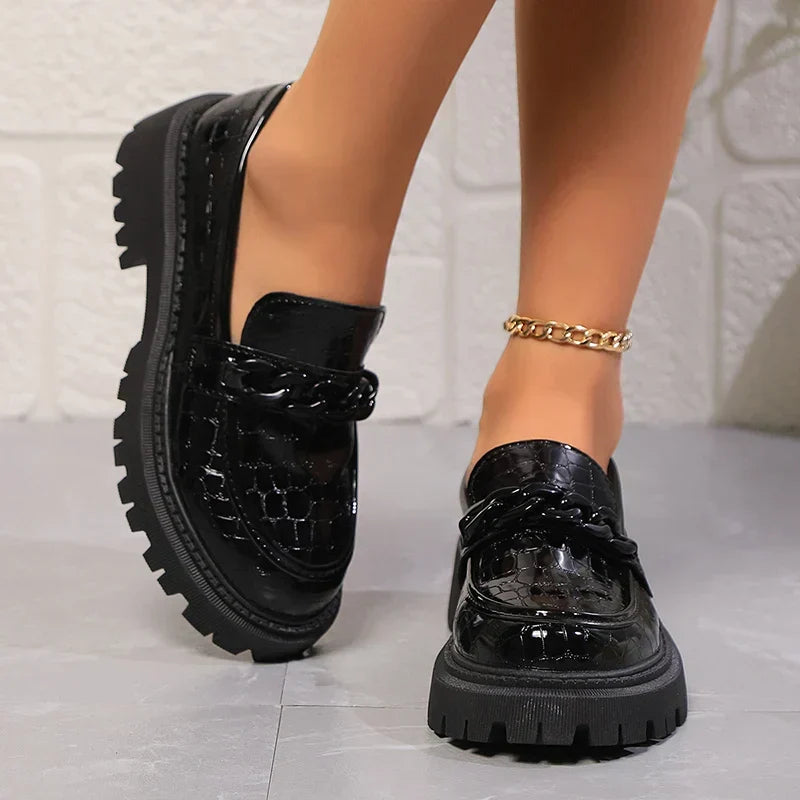 Chain Decor Black Patent Leather Comfortable Slip On Dress Loafers - View 2 | VelvetHem