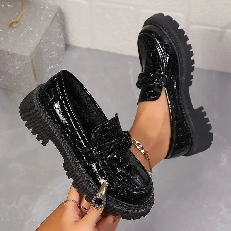 Chain Decor Black Patent Leather Comfortable Slip On Dress Loafers - View 5 | VelvetHem