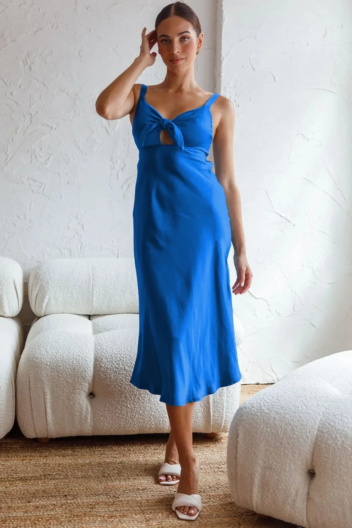 Pink Lace Satin Slim Midi Dress - View 7 | VelvetHem