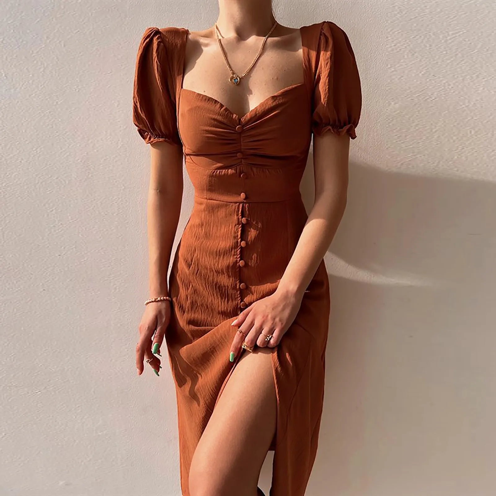 Casual Solid Square Neck Aline Pleated Midi Dress