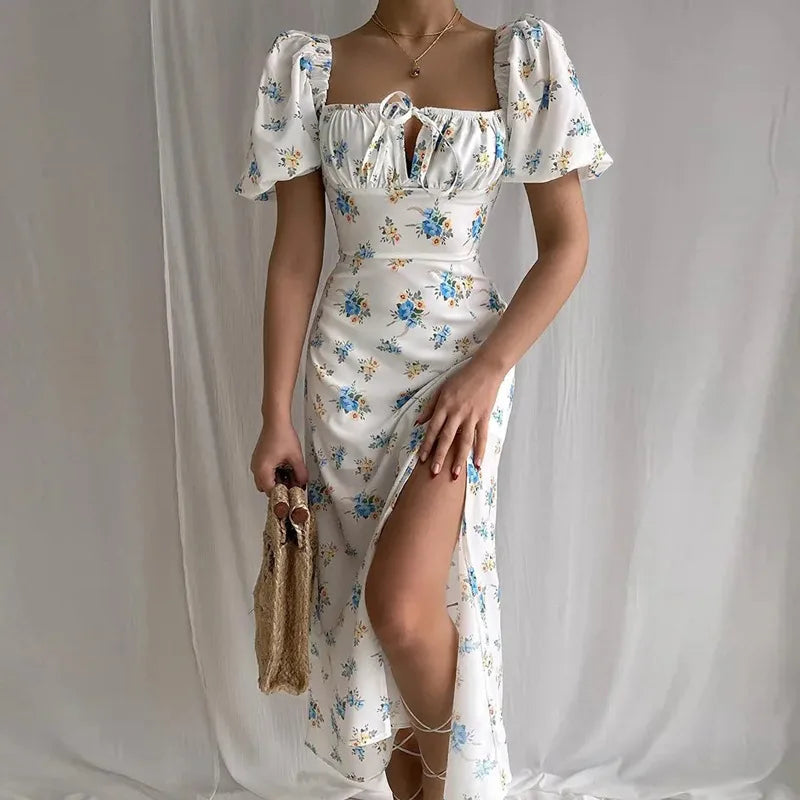 Floral Spring French Backless Slimfit Halter Trending Midi Dresses