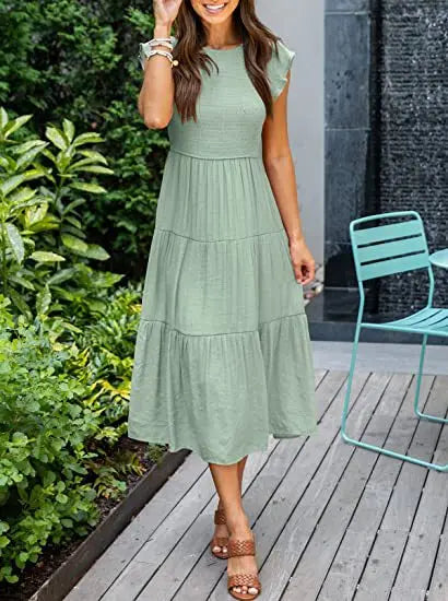 Solid Swing Sleeve Midi Dress - View 3 | VelvetHem