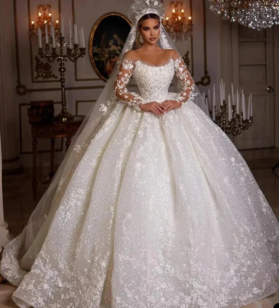 Women's Luxury Lace Wedding Dresses Dubai Long Sleeves Sequins Beads Sheer Neck Appliques Glitter Tulle Bride Gowns Vestido Noiv (ZD13320)