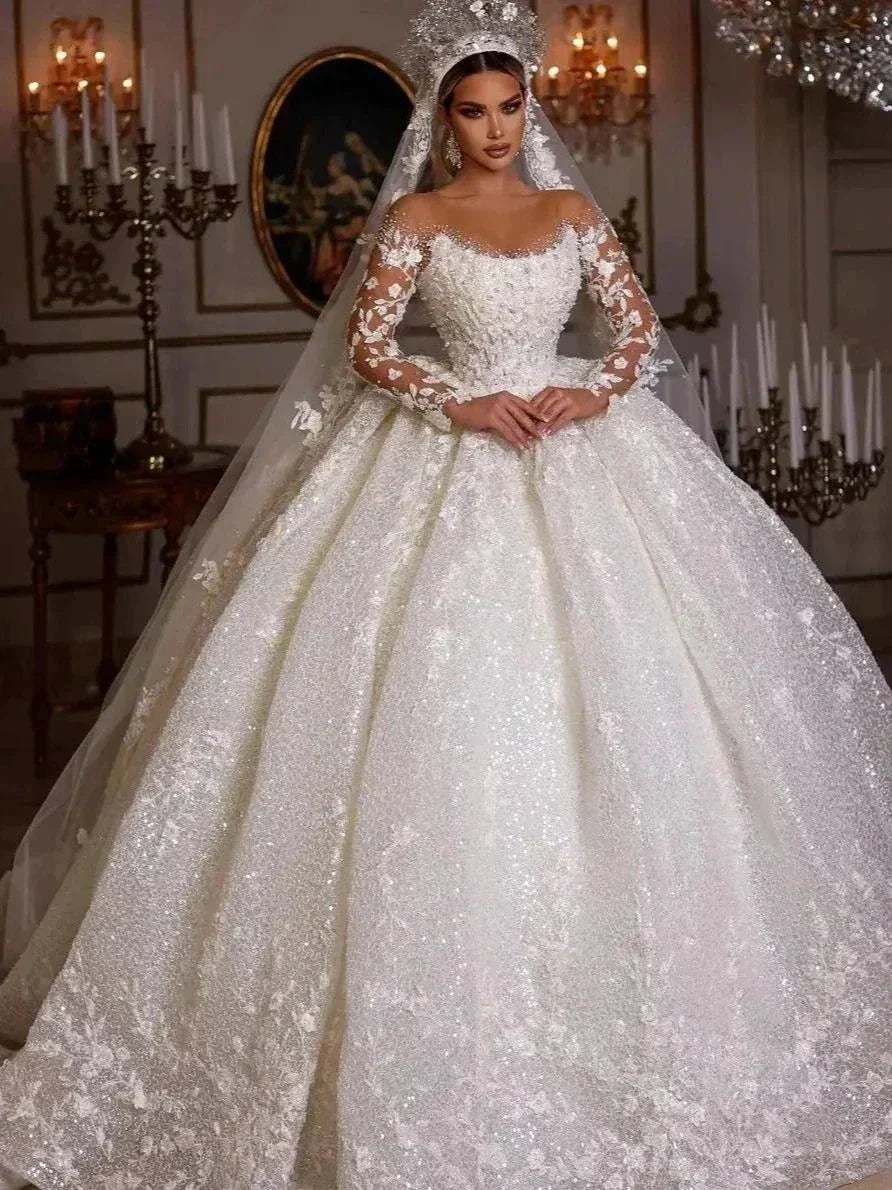 Women's Luxury Lace Wedding Dresses Dubai Long Sleeves Sequins Beads Sheer Neck Appliques Glitter Tulle Bride Gowns Vestido Noiv (ZD13320)