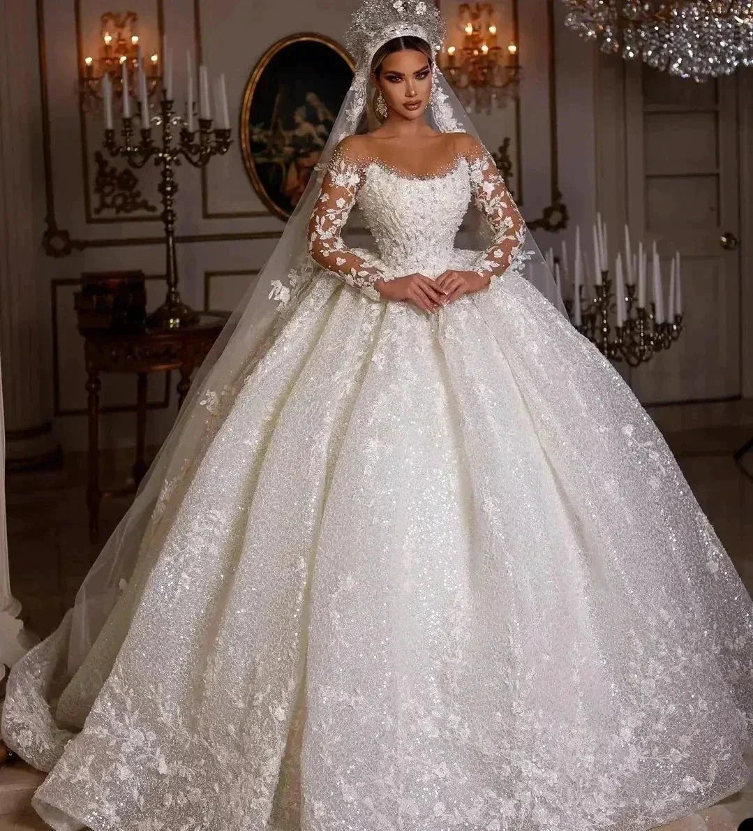 Women's Luxury Lace Wedding Dresses Dubai Long Sleeves Sequins Beads Sheer Neck Appliques Glitter Tulle Bride Gowns Vestido Noiv (ZD13320) - VelvetHem