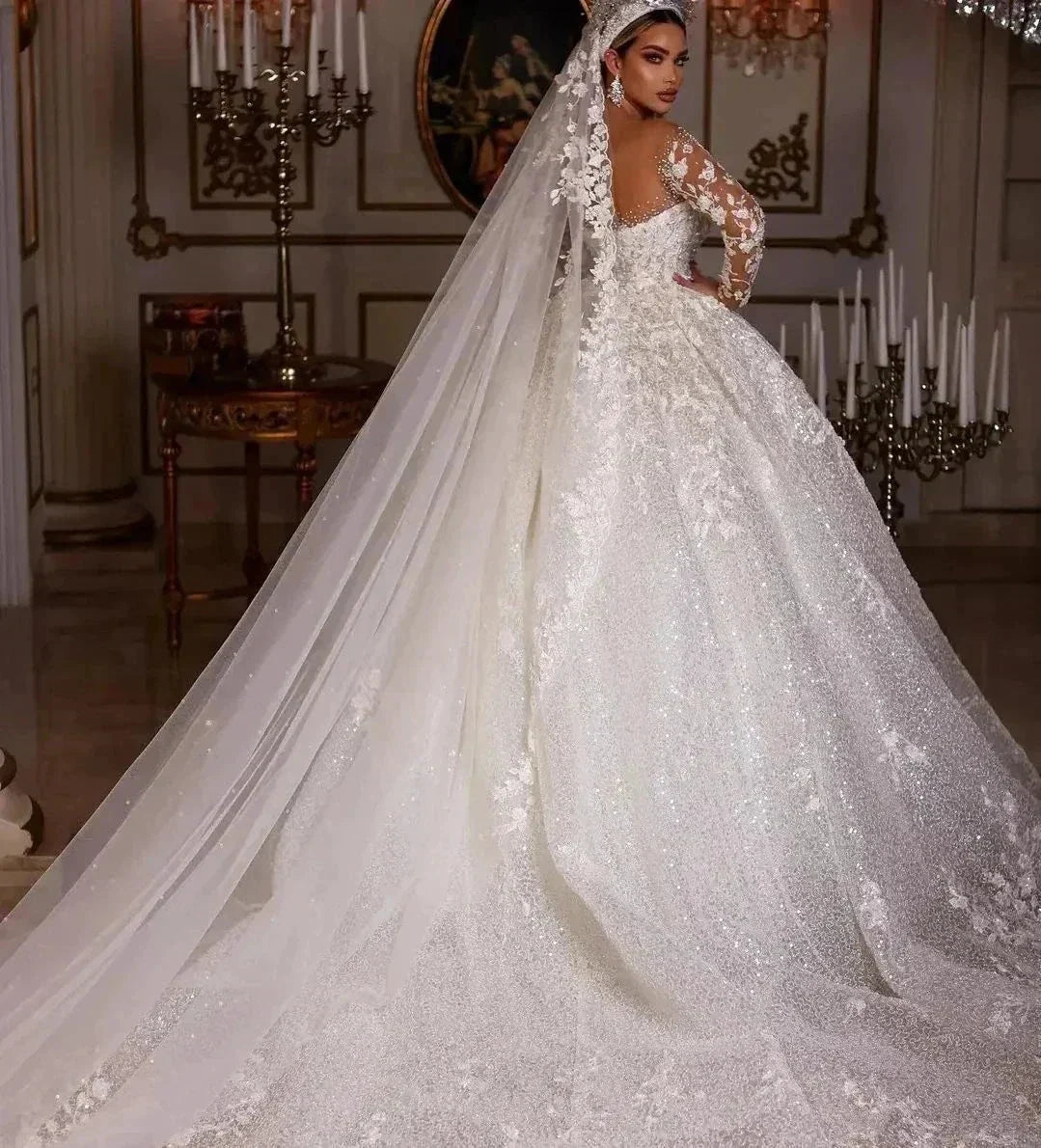 Women's Luxury Lace Wedding Dresses Dubai Long Sleeves Sequins Beads Sheer Neck Appliques Glitter Tulle Bride Gowns Vestido Noiv (ZD13320) - View 2 | VelvetHem