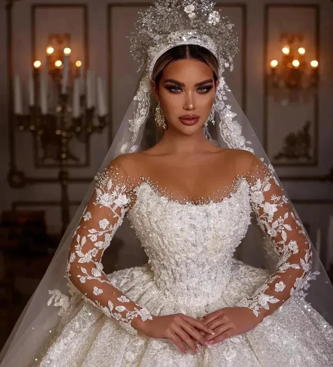 Women's Luxury Lace Wedding Dresses Dubai Long Sleeves Sequins Beads Sheer Neck Appliques Glitter Tulle Bride Gowns Vestido Noiv (ZD13320) - View 4 | VelvetHem