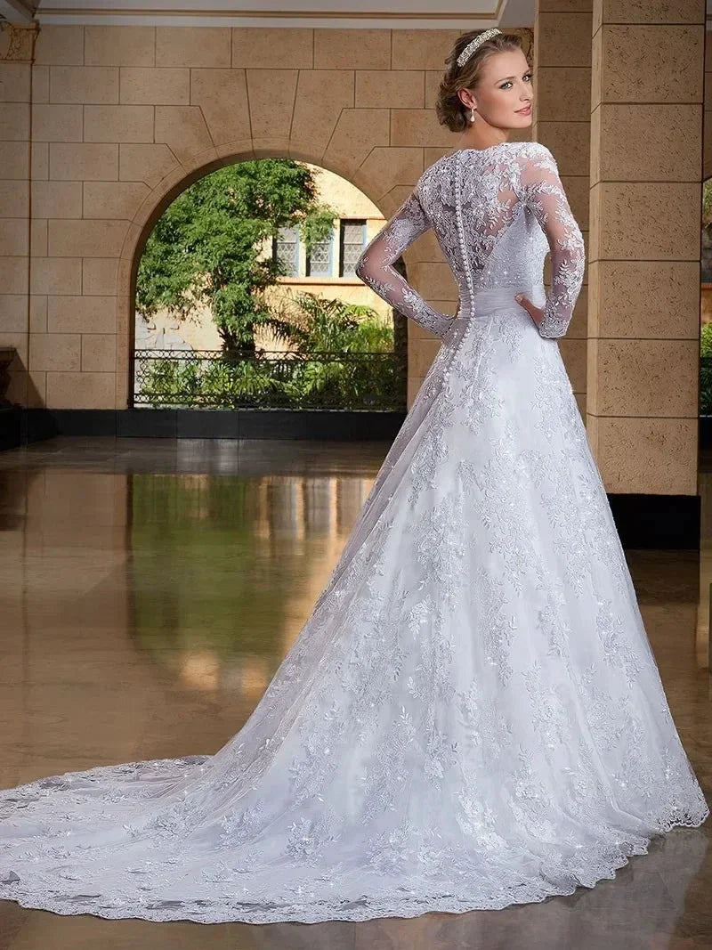 Women's Wedding dress long sleeve Lace beading princess Wedding Dress plus size bride dress robe de mariee (ZD13375)