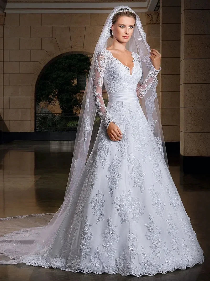 Women's Wedding dress long sleeve Lace beading princess Wedding Dress plus size bride dress robe de mariee (ZD13375)