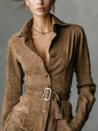Suede Single Breasted Lapel Long Sleeve Midi Dress(Belt not included)