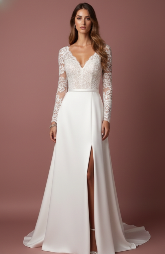 Wrap Wedding Dress Satin V-Neck Long Slit Leg Modern Style