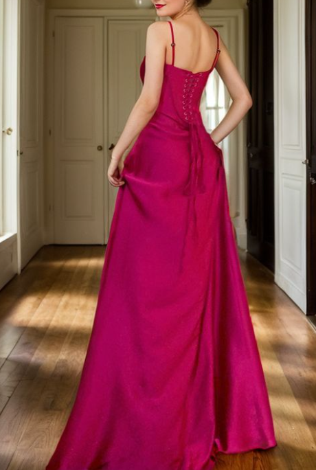 Gorgeous Hot Pink Satin A-Line Party Dress Straps Prom Evening Dress - View 3 | FashionDia