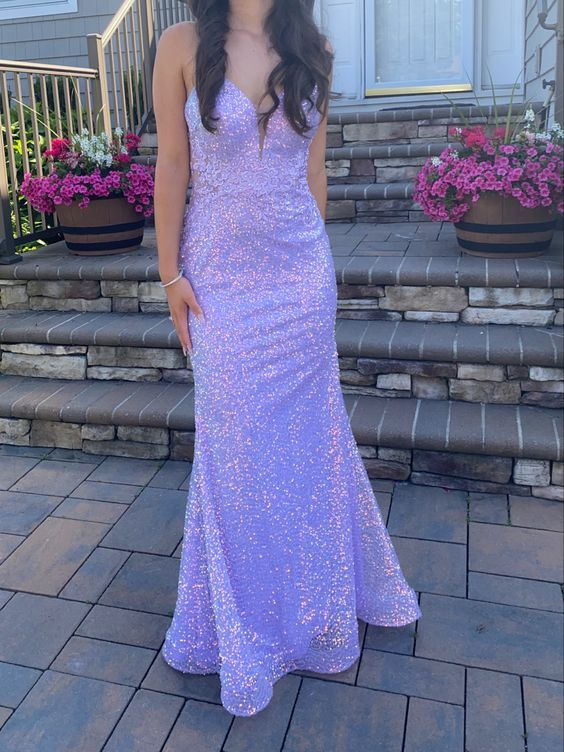 Shiny Purple Spaghetti Straps Mermaid Long Prom Dress - View 2 | FashionDia