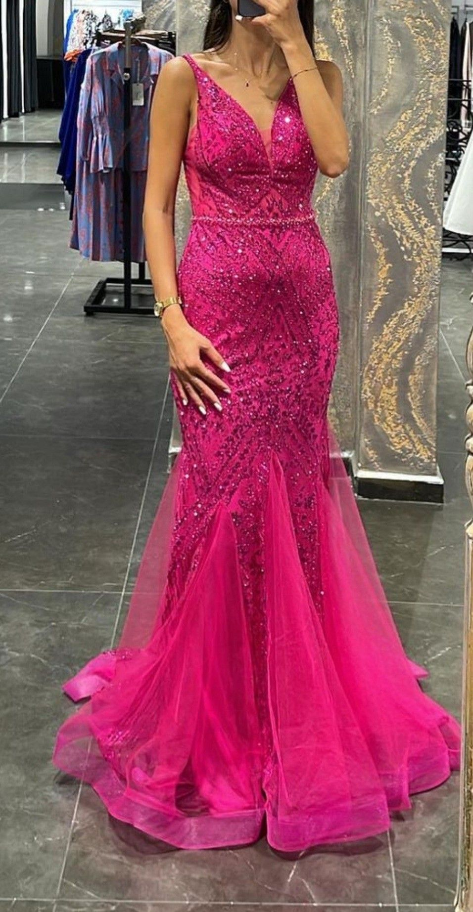 Gorgeous Hot Pink Tulle Sequin Beaded Mermaid Evening Dress Long Birthday Party Dress