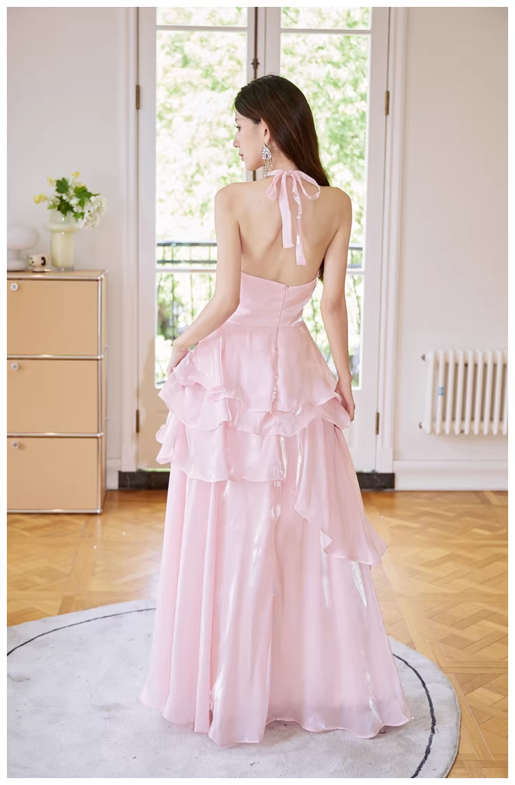 Classy Halter Pink Satin Ruffles Long Birthday Party Dress Evening Dress - View 5 | FashionDia