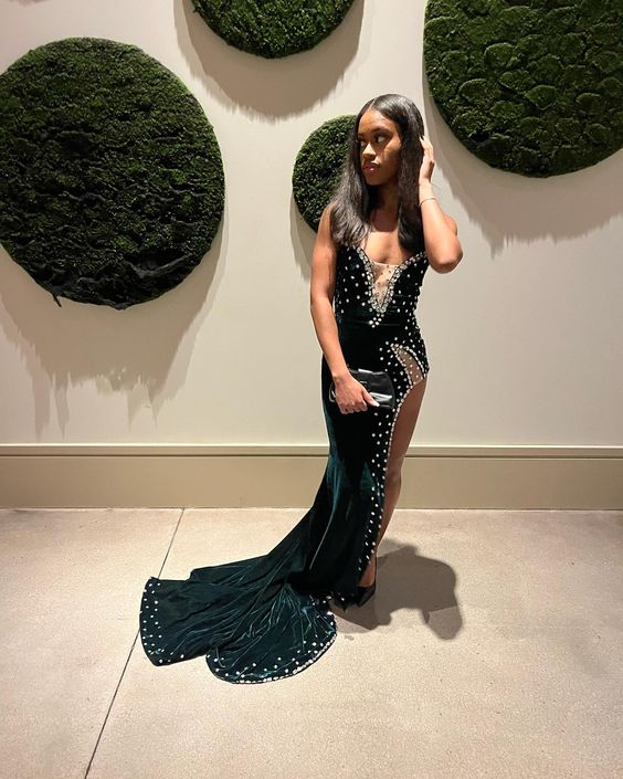 Green Velvet Prom Dress African Mermaid Evening Dress With Slit Y6480 - View 2 | VelvetHem