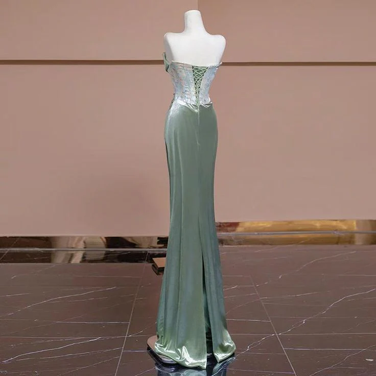Elegant Light Green Satin Long Prom Dress Strapless Party Evening Dress