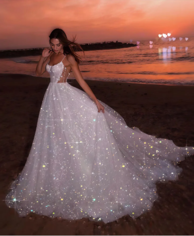 Sparkly Shite Tulle Sequins Prom Dress,Long A Line Wedding Dress Evening Dress