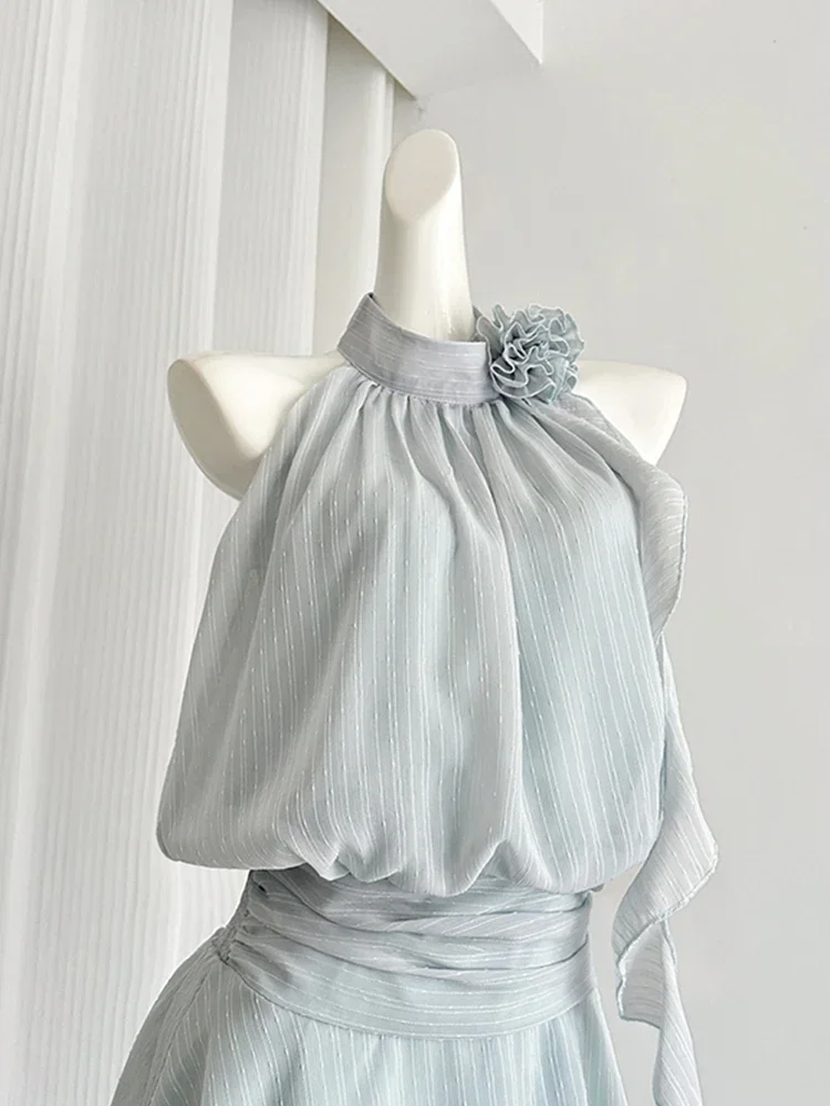 Blue Mini Sleeveless Chiffon Dress Women Frock Vacation Dress - View 3 | FashionDia