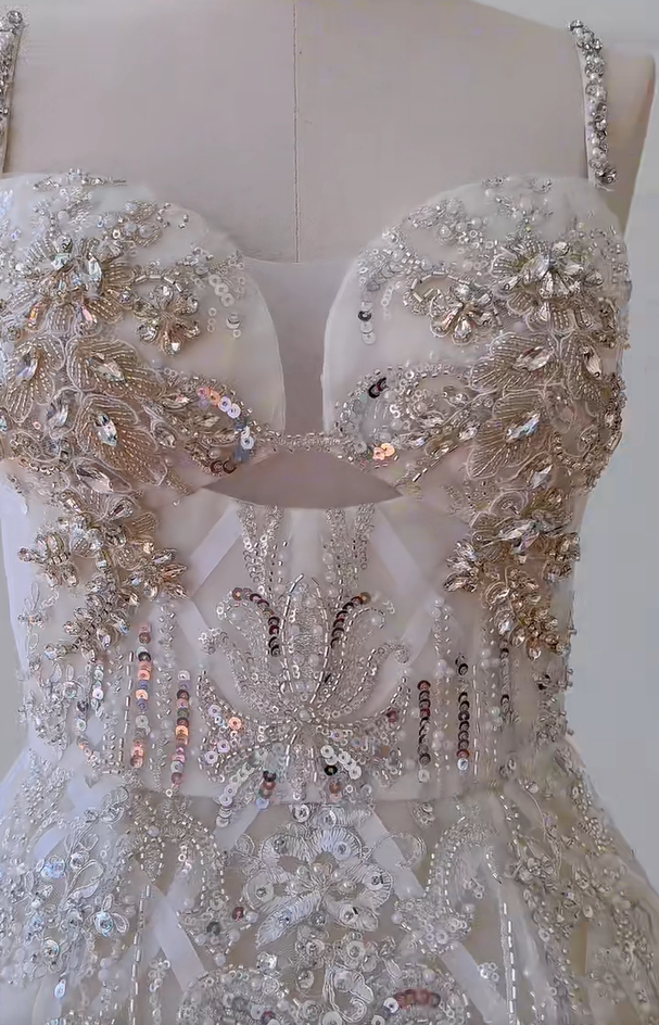 Gorgeous Spaghetti Straps Tulle Beaded Homecoming Dress White Short Birthday Outfits Wedding Dress - View 3 | FashionDia