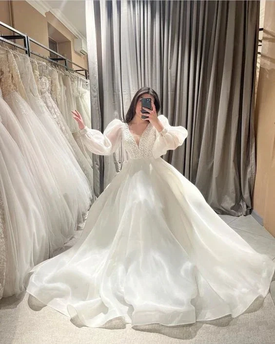 Chic White V Neck Long Sleeves Wedding Dress,White Bridal Dress (ZD13691)