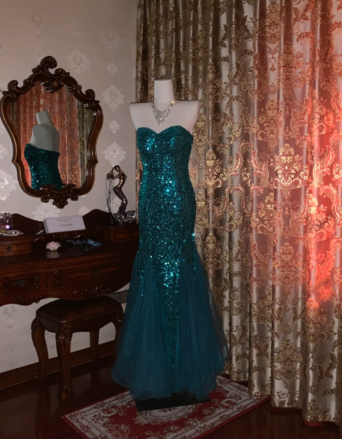 Vintage Strapless Green Tulle Sequin Mermaid Evening Dress Long Wedding Guest Dress Party Gown - View 7 | FashionDia
