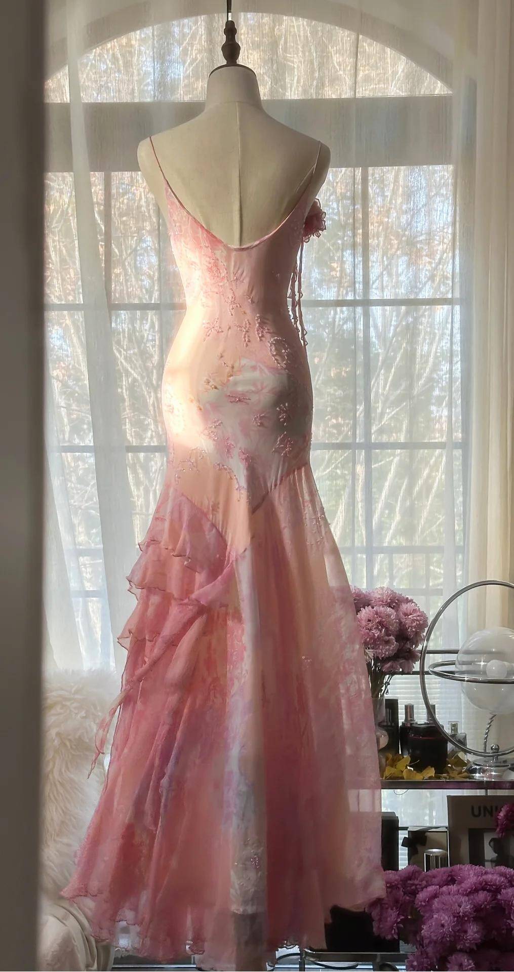 Classy Pink Spaghetti Straps Chiffon Beaded evening Dress Long Mermaid Birthday Party Dress