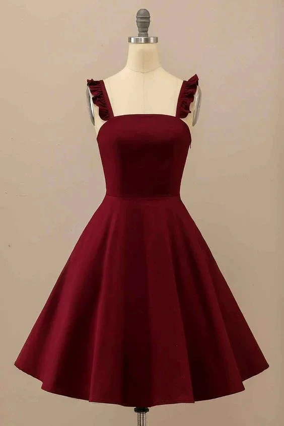 Burgundy A-line Ruffle Straps Satin Mini Homecoming Dress Y2176 by simplepromdress