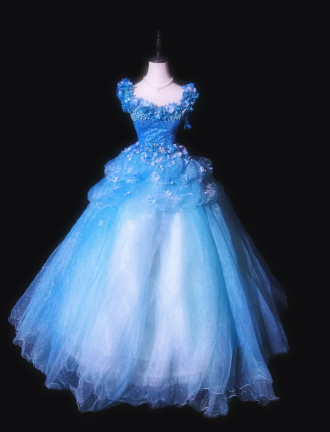 Sweet Blue Tulle Appliques Beaded Sweet 16 Dress Formal Quinceanera Dress - FashionDia