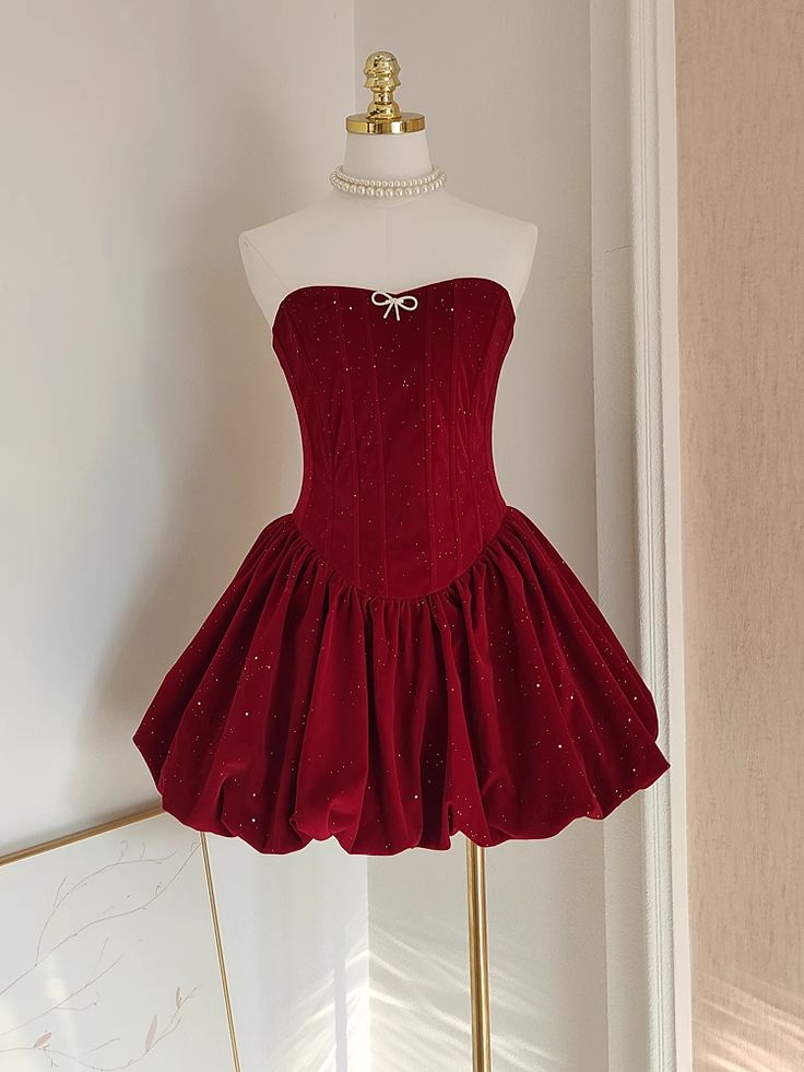 Cute A-Line Strapless Burgundy Velvet Ruffles Homecoming Dress - FashionDia