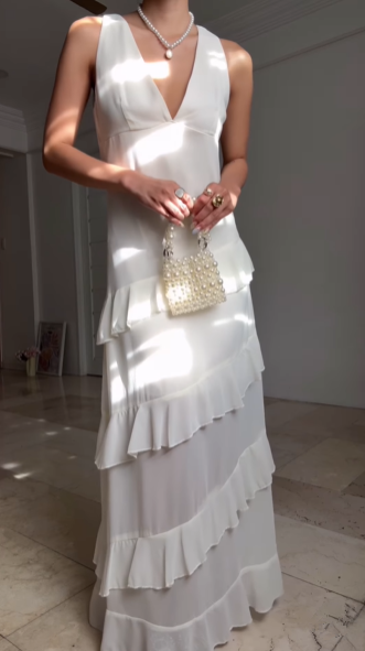 Simple White V Neck Chiffon Ruffle Prom Dress Backless Long Evening Dress Y8500 - View 5 | VelvetHem