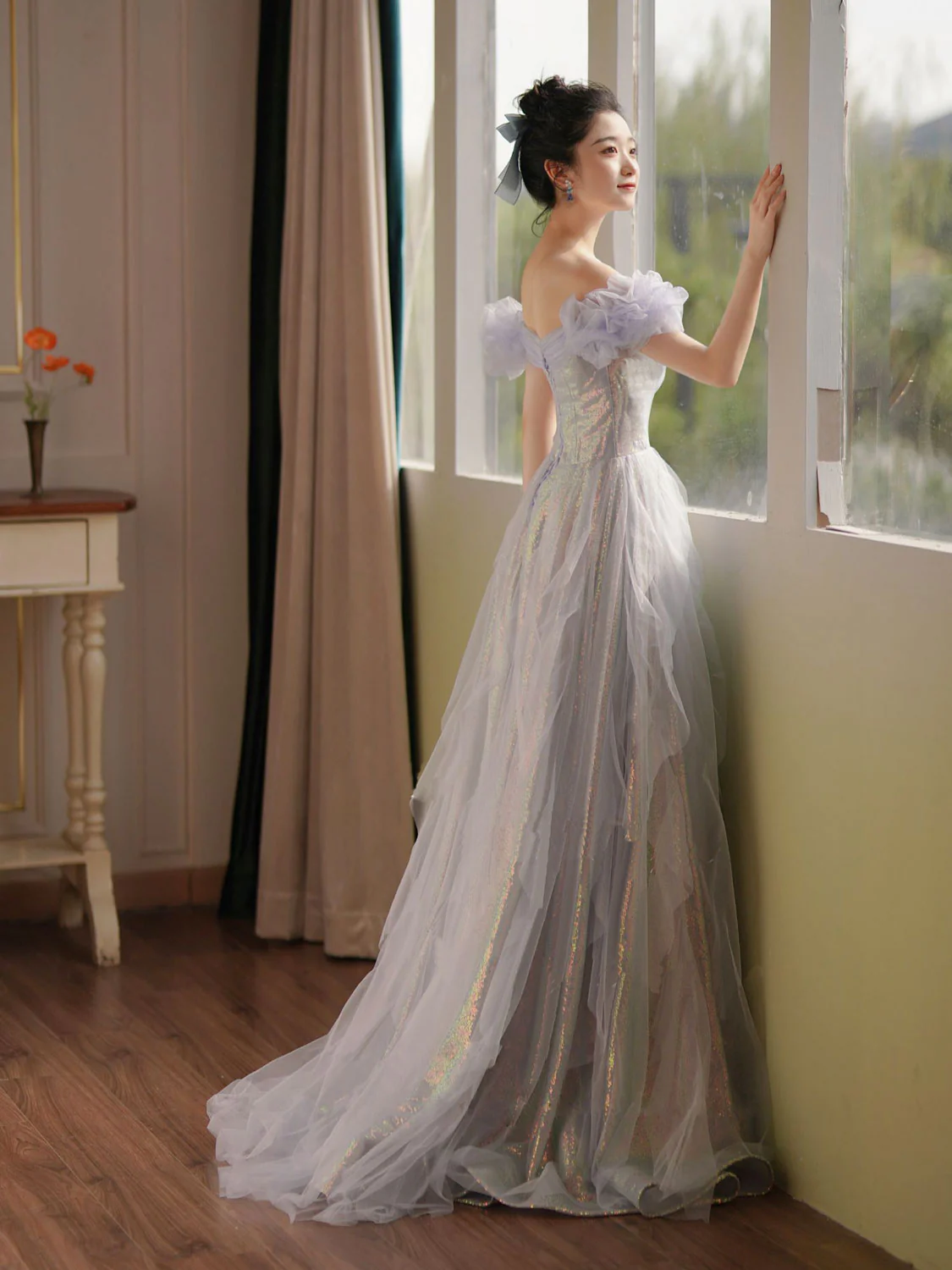 Purple Off Shoulder Sequin Tulle Long Prom Dress Purple Formal Evening Dresses Y4659 - View 3 | VelvetHem