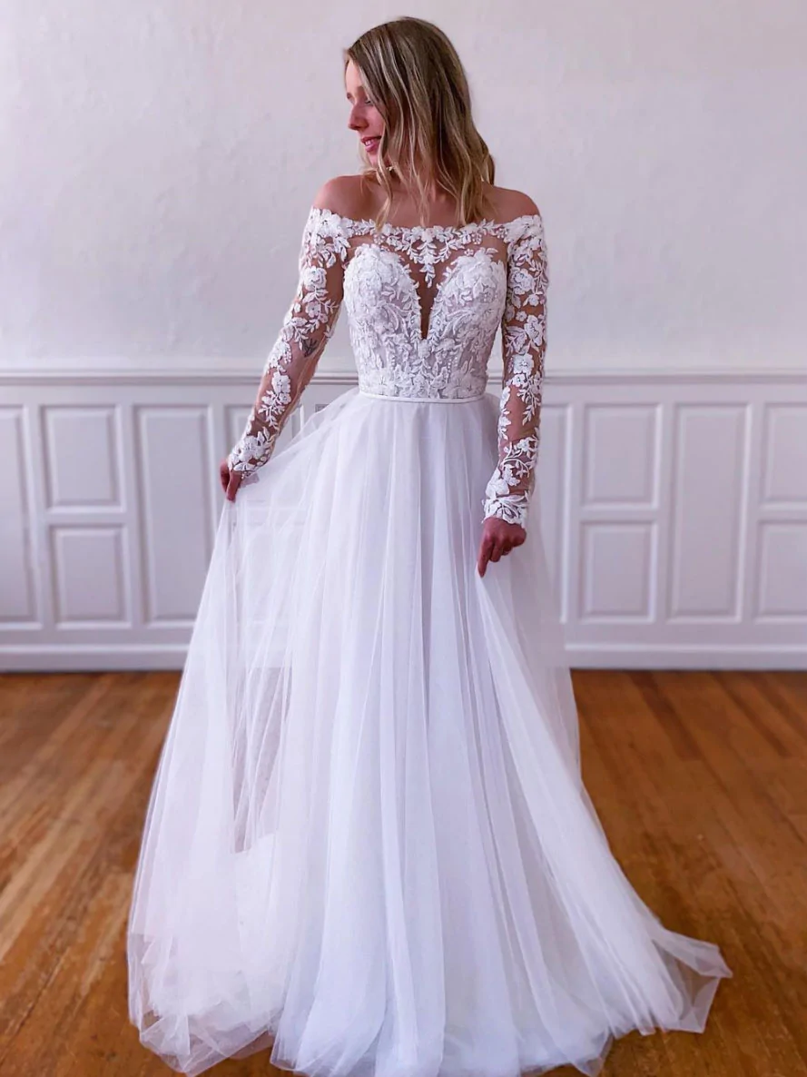 White lace tulle long prom dress, white lace tulle evening dress Y251 - VelvetHem