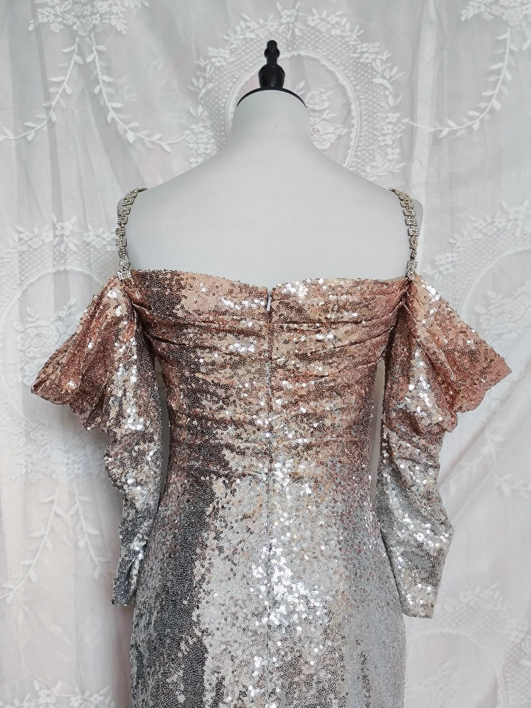 Vintage Champagne Ombre Sequin Cocktail Dress Off-the-Shoulder 6th Grade Homecoming Dresscc - View 4 | FashionDia