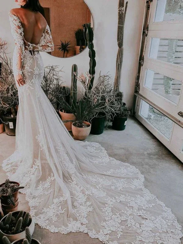 White Wedding Dress Illusion Neckline Long Sleeves Backless Natural Waist Lace With Train Long Bridal Mermaid Dress (ZD13585)