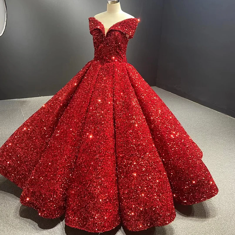 Royal blue sequin prom ball gown sweet 16 dress Off-the-Shoulder princess Quince dress - View 9 | FashionDia