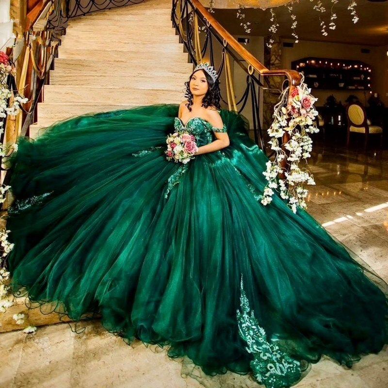Dark Green Quinceanera Dress Sweet 16 Dress Sequined Beaded Dress Ball Gown - View 2 | FashionDia
