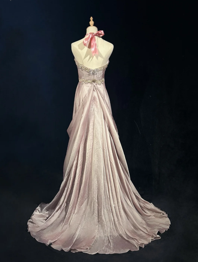 Glamorous Pink Halter Satin Lace Beaded Mermaid Evening Dress Long Birthday Prom Dress Party Gown D2069