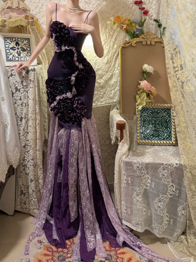 Glamorous Purple Spaghetti Straps Satin Lace Pleated Mermaid Long Party Dress Formal Birthday Prom Dress Evening Gown - View 3 | FashionDia