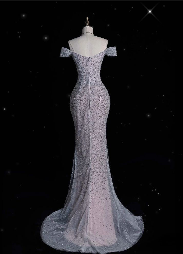 Sparkly Lilac Tulle Beaded Mermaid Off The Shoulder Evening Dress Long Prom Dress Y8054 - View 5 | VelvetHem