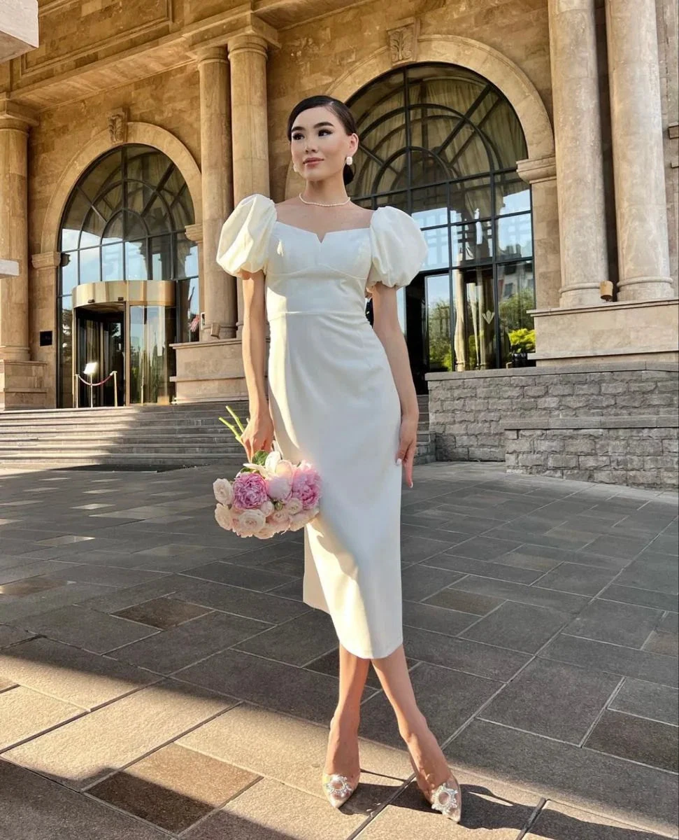 Retro Style White Midi-length Wedding Dress,Engagement Dress Y5257 by simplepromdress
