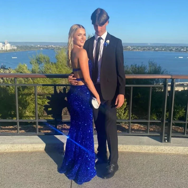 Sexy Royal Blue Backless Sequin Mermaid Prom Dress Slit Party Evening Gown - View 2 | FashionDia