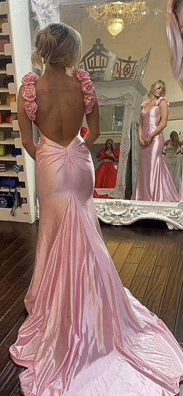 Charming Pink Rose Straps Evening Dress Mermaid Formal Prom Party Gown - FashionDia