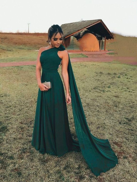 Green Chiffon One Shoulder Evening Dress Y5774 - View 3 | VelvetHem