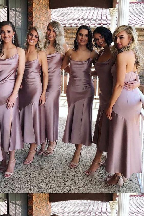 Sheath Spaghetti Straps Tea Length Lilac Bridesmaid Dress With Split Prom Dresses C503